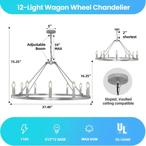 Miniatura 3 de Candelabro de 12 luces de plata con rueda de vagón, candelabros de granja para comedor, lámpara de iluminación rústica para entrada, candelabros