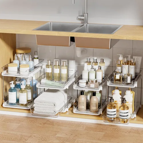 Miniatura 12 de Delamu - Organizadores y almacenamiento de 2 niveles para debajo del fregadero del baño, multiuso, apilables, organización de cocina y despensa