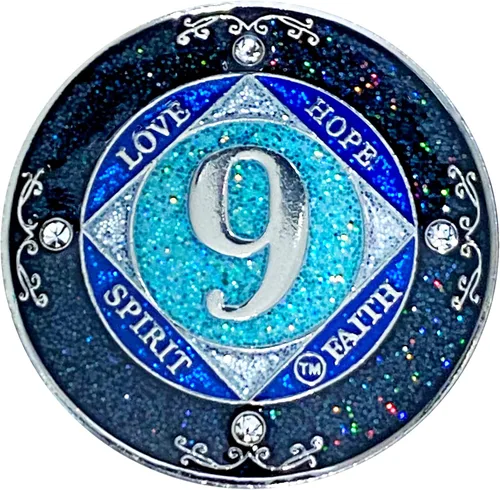 Miniatura 15 de NA 1 año de cristales y medallón de purpurina, moneda chapada en color plateado, arco iris negro, purpurina azul y cuatro cristales transparentes