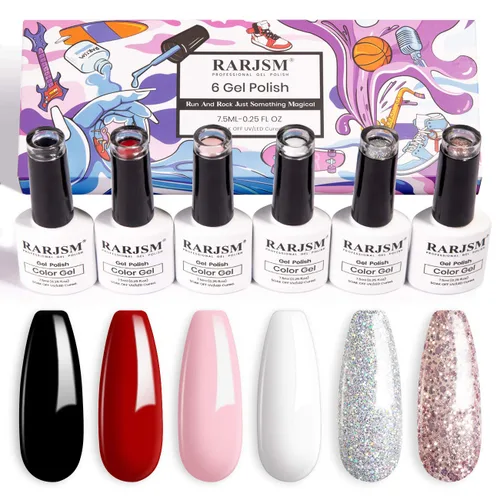 Miniatura 13 de RARJSM Juego de 6 esmaltes de uñas de gel, color marrón, café, vino, borgoña, nude, morado, rosa, champán, dorado, purpurina, para invierno, secado