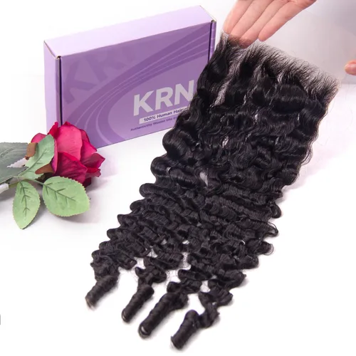 Miniatura 32 de KRN 5x5 HD Cierre de encaje, 0.1mm Ultra-delgado Invisible Cierre de encaje HD Pequeño Nudo Único Pre-arrancado con Cabello de Bebé 12A Grado