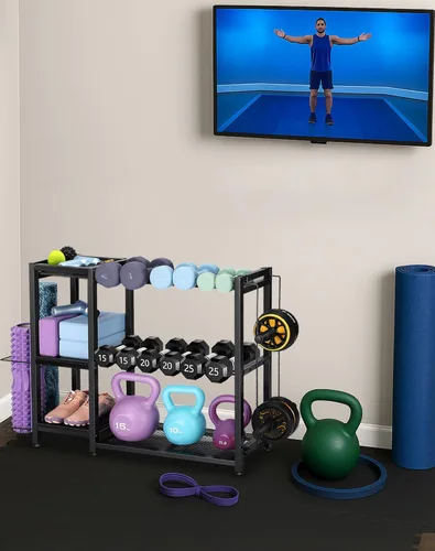 Miniatura 8 de FHXZH Soporte para mancuernas de 3 niveles, soporte de pesas ajustable para gimnasio en casa, soporte de peso resistente para mancuernas, pesas Negro