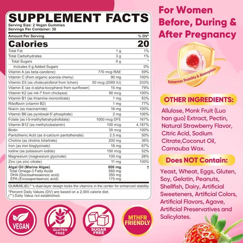 Miniatura 2 de Vitaminas prenatales para mujeres, gomitas de metilfolato, 1 mg, Omega 3 DHA vegano de 800 mg, hierro, colina, yodo, vitamina D3 B6 B12