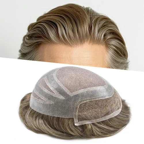 Miniatura 33 de Sistema de repuesto de piezas de cabello humano tipo tupé para hombre, transpirable, encaje francés, peluca para hombre, peluca de piel de #1B Negro