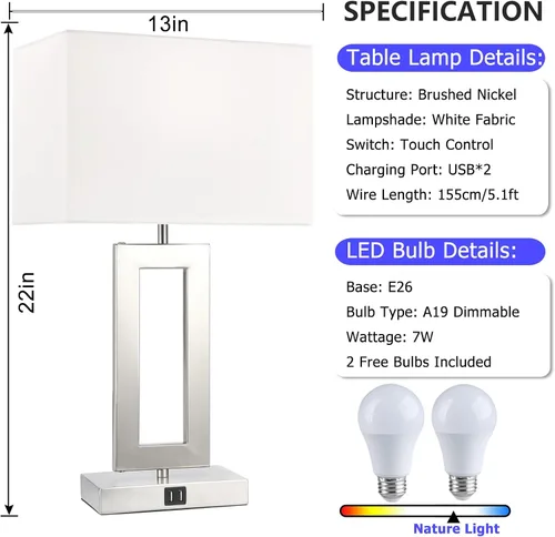 Miniatura 4 de Juego de 2 lámparas de mesa con control táctil con USB doble, regulable de 3 vías para dormitorio, sala de estar, oficina, bombillas LED incluidas