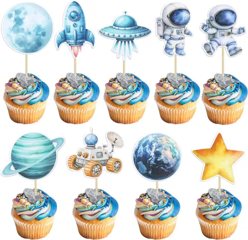 Gyufise 36 piezas de astronauta espacial para cupcakes, planeta, cohete, telescopio, viaje a la luna, para cupcakes para el espacio exterior, baby