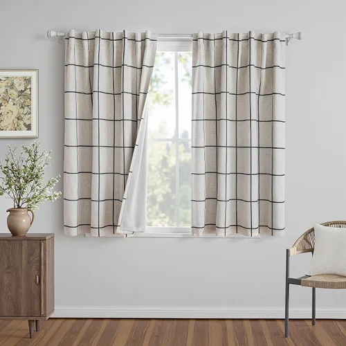 MYSKY HOME Cortinas de Lino a Cuadros 100% Opacas de 45 Pulgadas de Largo de Doble Capa Estilo Granja con Aislamiento Térmico Estampado a Cuadros