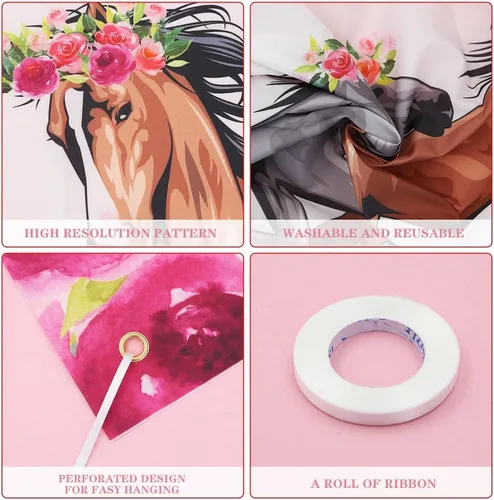 Miniatura 3 de Telón de fondo de caballo para fiesta de feliz cumpleaños, vaquera occidental, caballos, fondo floral rosa, pancarta de cumpleaños, decoración