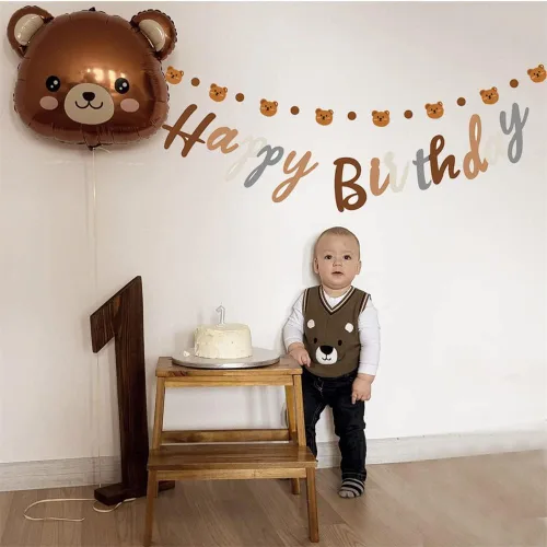 Miniatura 6 de Cartel de feliz cumpleaños con tema de oso con lindo cartel de oso, decoración de banderines para fiesta de cumpleaños, suministros para fiesta