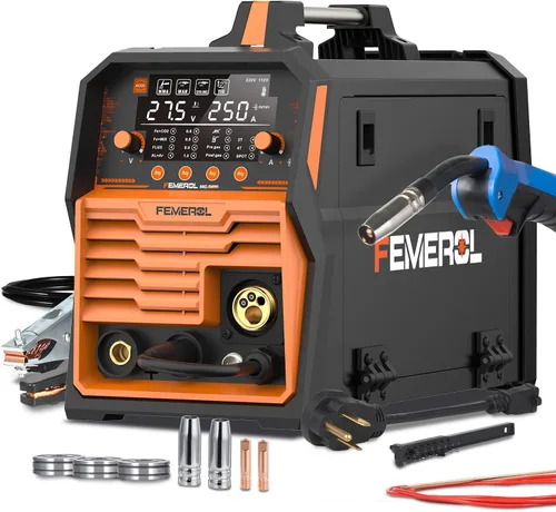 FEMEROL Soldador MIG 250A, 6 en 1 Gas MIG/Núcleo de Flujo sin Gas/Electrodo/Elevación TIG/Soldadura por Puntos/Compatible con Pistola de Carrete