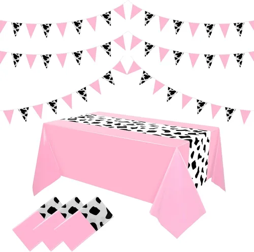 Miniatura 8 de Oudain Mantel de vaquero rosa de 54 x 108 pulgadas, 6 piezas de 9.84 pies, patrón de vaca, banderines de plástico con temática de vaca, mantel