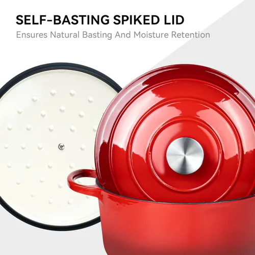 Miniatura 3 de Miereirl Olla holandesa esmaltada de 6 cuartos de galón con tapa, horno holandés de hierro fundido con doble asa para hornear pan, cocinar, Rojo