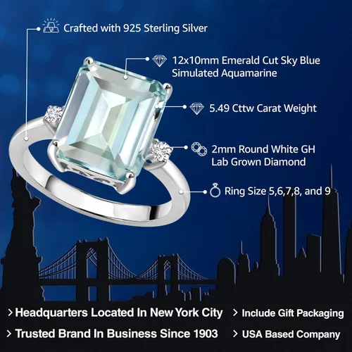 Miniatura 13 de Gem Stone King 5-7 Cttw Gemstone Birthstone and White Lab Grown Diamond 3-Stone Engagement Ring 925 Sterling Silver Center Emerald Cut 12X10MM