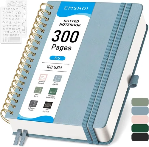 Miniatura 35 de EMSHOI Cuaderno de Espiral con Puntos para Bullet Journal - 300 Páginas, Cuero de Tapa Dura A4, Cuaderno de Cuadrícula de Puntos Gruesos de 100 GSM