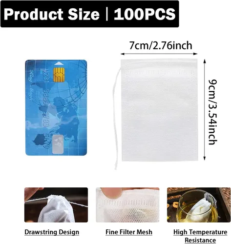 Miniatura 2 de Paquete de 100 bolsas de filtro de té desechables para té de hojas sueltas, material de tela no tejida de grado alimenticio, bolsas infusoras de té