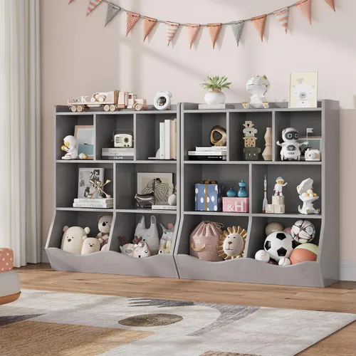 Miniatura 3 de GarveeHome Gabinete de almacenamiento de juguetes gris, estantería de tres niveles para niños y estantería para almacenamiento de libros y juguetes
