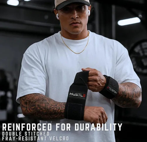 Miniatura 2 de Hustle Athletics Muñequeras para levantamiento de pesas, correas de soporte de muñeca de 18 pulgadas aprobadas por la USPA para prensa de banco