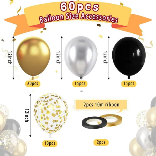 Miniatura 3 de Paready - Globos negros y dorados, 60 globos de 12 pulgadas de confeti dorado, globos de látex para fiestas con cintas para cumpleaños, graduación