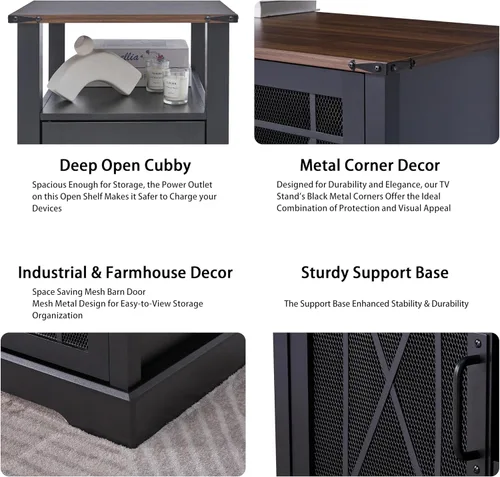 Miniatura 4 de Mesa auxiliar con estación de carga, mesita de noche de granja para sala de estar, mesita de noche negra para muebles de dormitorio, armario