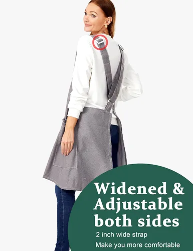 Miniatura 3 de Delantales ajustables con espalda cruzada para mujer con bolsillos de algodón y lino para cocinar y hornear gris (Smooth Grey)
