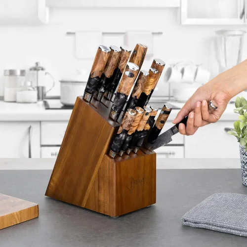 Miniatura 9 de SENKEN 15-Piece Damascus Knife Block Set - Black Tsunami Collection - Japanese Chef Knife Set with 67-Layer Japanese VG10 Steel Blades