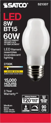 Miniatura 4 de Satco Bombillas LED S21337 BT15 de 8 W, 120 V, 2700 K, blanco cálido, 800 lúmenes, acabado esmerilado, base media, regulable, ubicación húmeda