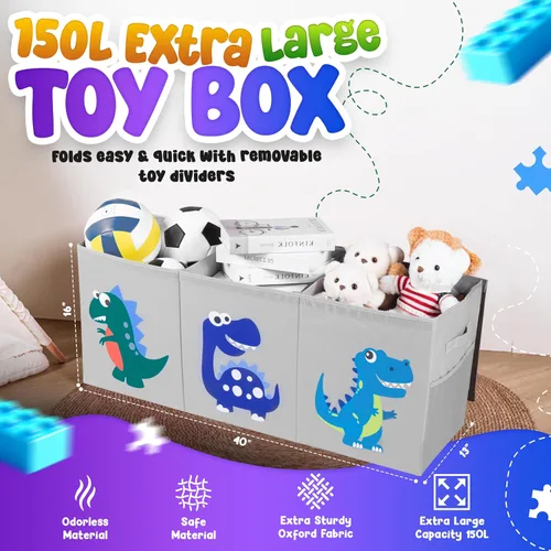 Miniatura 2 de Organizador de almacenamiento de juguetes extra grande para niños, caja de juguetes plegable de 40 x 13 x 16 pulgadas con 3 tapas, divisores