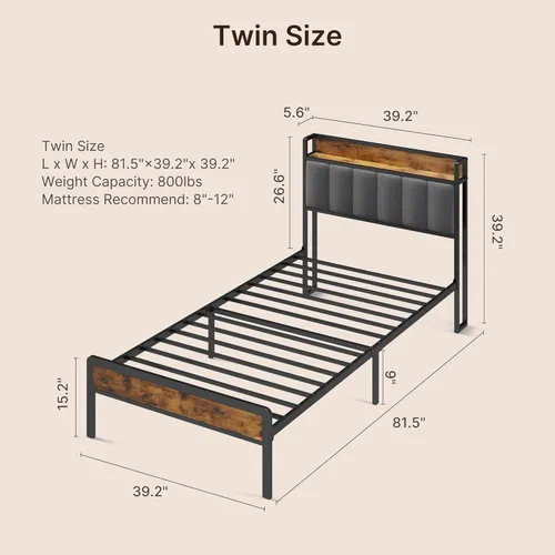 Miniatura 2 de Gizoon Cama de plataforma de metal individual, marco de cama con cabecera de madera tapizada, sin ruido, no necesita somier, con almacenamiento