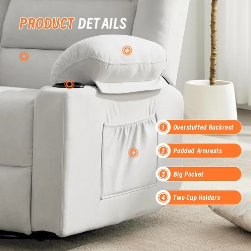 Miniatura 8 de Mecedora reclinable para adultos, silla reclinable giratoria de 360° con masaje y calefacción, mecedora manual con portavasos para sala de estar