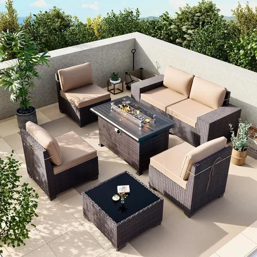 Miniatura 39 de Gotland Juego de muebles de patio de 8 piezas con mesa con fogón, muebles de ratán para exteriores para todo tipo de clima con respaldo alto de 2