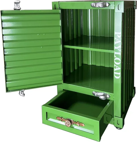 Mesa auxiliar industrial con contenedor de metal, mesa de noche de hierro de 3 niveles de 20 pulgadas con cajones, gabinete retro de hierro para