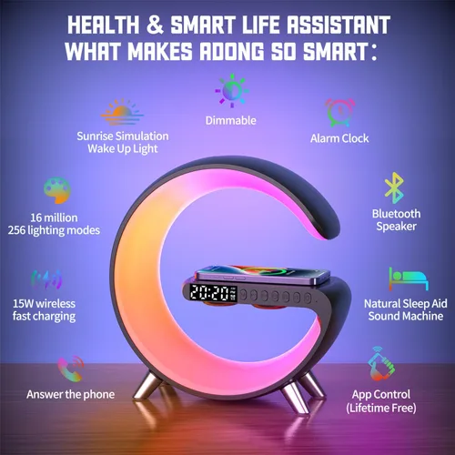 Miniatura 4 de Lámpara de mesa LED inteligente, cargador inalámbrico 4 en 1, luz nocturna, reloj despertador, altavoz Bluetooth con control de aplicación, lámpara