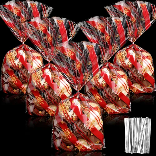 Miniatura 14 de Outus 100 piezas de bolsas de regalo de Navidad, bolsas de celofán con copos de nieve y Santa Claus, recipientes planos de plástico de celofán