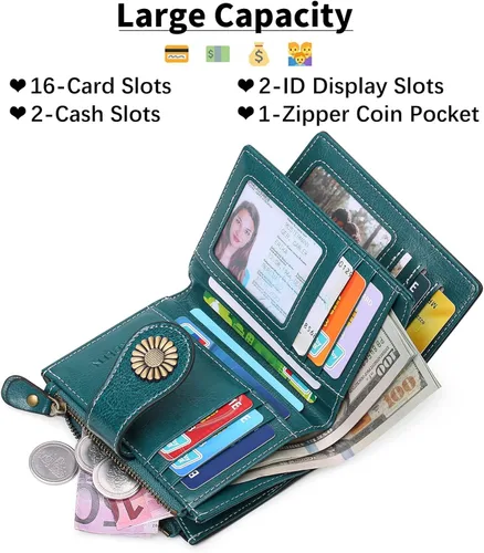 Miniatura 40 de SENDEFN - Billetera pequeña de piel auténtica para mujer, diseño plegable con ventana para tarjeta de identificación