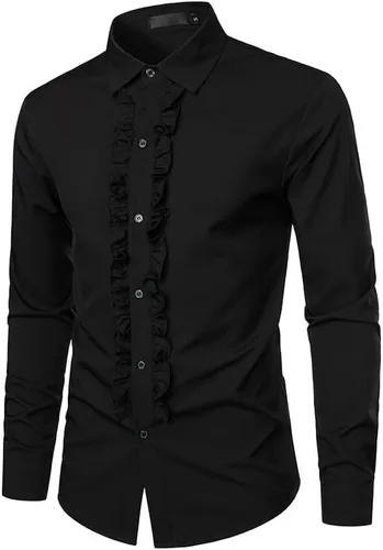 Miniatura 2 de Blusa de negocios con botones Hombre Camisa de Manga Larga Cuello Alto Tops Camiseta Trabajo de parches lisos Túnica