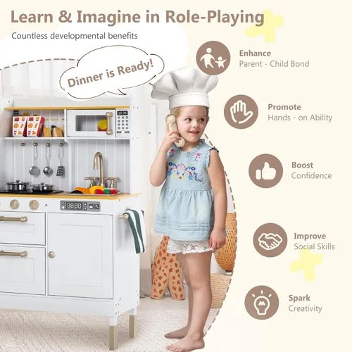 Miniatura 3 de Kinder King Cocina de madera para niños, juego de cocina para niños pequeños, juego de juguetes de cocina con sonidos reales, horno microondas