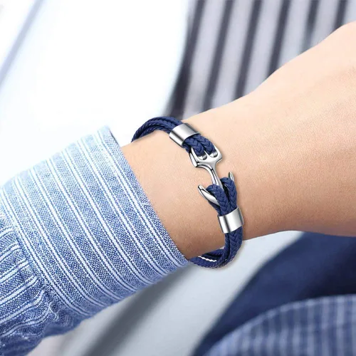 Miniatura 2 de MicLee Pulsera de cuero hecha a mano para hombre, pulsera de anclaje vintage multicapa con caja de regalo