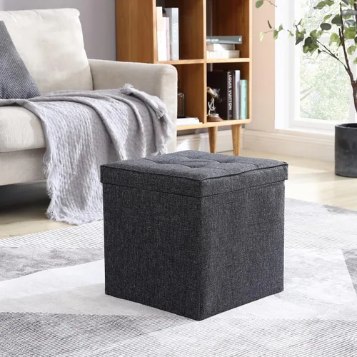 Miniatura 5 de Ornavo Home Taburete otomano de almacenamiento cuadrado de lino plegable con cubo, reposapiés/asiento con tapa de mesa, mesa de café otomana - 15 x