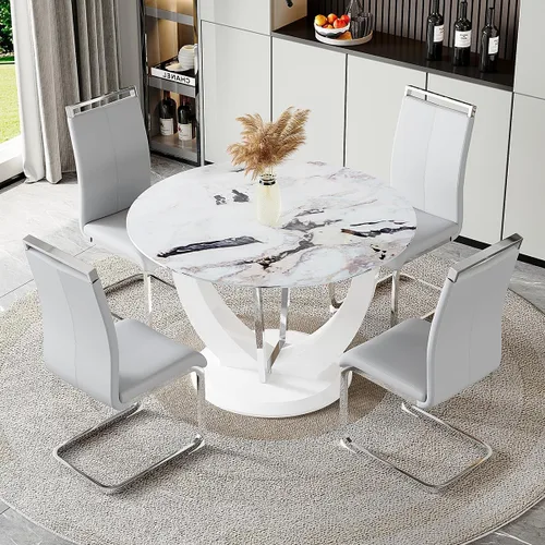 Miniatura 51 de JUFU Juego de mesa de comedor redonda para 4, mesa de comedor de 48 pulgadas con mesa de mármol sintético y 4 sillas tapizadas, moderno juego