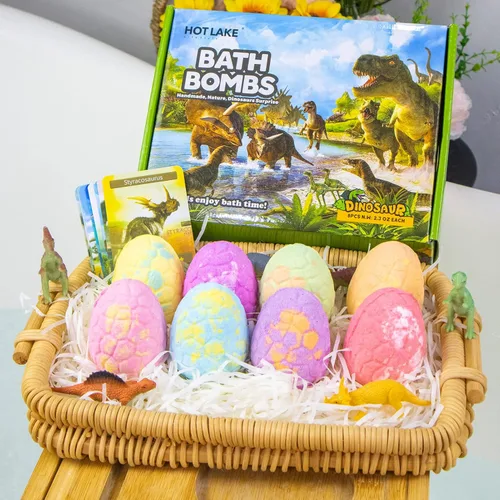 Miniatura 3 de Juego de 16 bombas de baño de dinosaurio, paquete de 16 bombas de baño orgánicas para niños con juguetes sorpresa en el interior. Kit de bombas