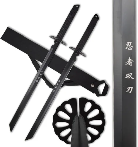 Juego de espada ninja doble con mango envuelto de nailon negro, 28 pulgadas en total, hoja de acero inoxidable de 18.25 pulgadas, incluye correa