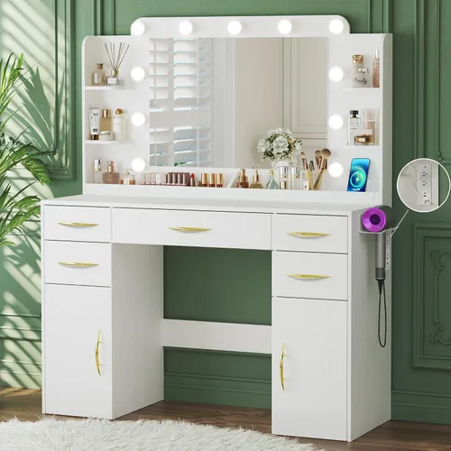 Miniatura 8 de Escritorio de tocador de 45.5 pulgadas con espejo y luces, tocador de maquillaje con luces, 3 ajustes de modelos y toma de corriente, escritorio