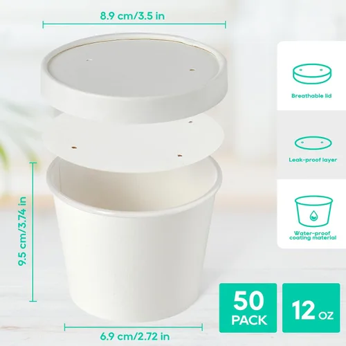 Miniatura 2 de JOLLY PARTY Paquete de 50 recipientes de papel de 12 onzas con tapas, vasos de papel desechables para alimentos, tazas de helado, almacenamiento