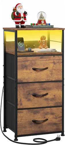 Miniatura 12 de WLIVE Mesita de noche con estación de carga, mesita de noche de 31.9" de altura con 3 cajones de tela, mesa de noche con LED con puertos USB