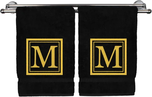 Miniatura 47 de Juego de 2 toallas de mano con monograma, 16 x 30 pulgadas, regalo personalizado, letra blanca bordada con diseño cuadrado sobre toalla negra, extra