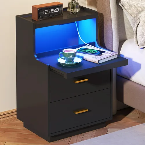 Miniatura 9 de Yusong Mesita de Noche, Mesa de Noche, Mesita LED con Estación de Carga, Mesita Moderna, Mesa de Sofá de Madera con 2 Estantes Deslizantes (Negro)