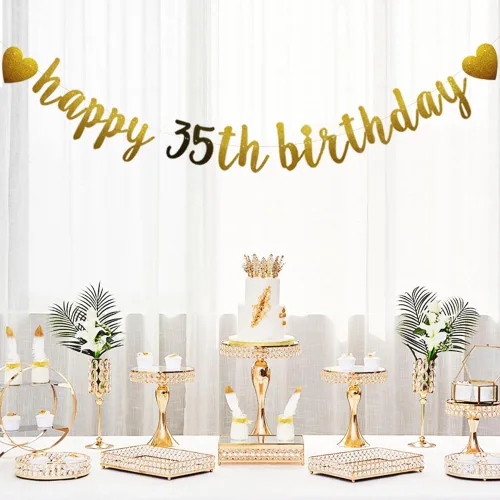 Miniatura 4 de Betteryanzi - Cartel de feliz cumpleaños número 35, guirnalda de papel con purpurina dorada y negra para suministros de decoración de fiesta