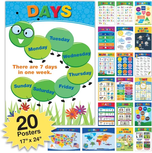 20 Pósteres Educativos Extra Grandes para Niños Pequeños (24x17 Doble Cara Inglés/Español) Alfabeto Colores Letras Números Formas Meses Días Clima