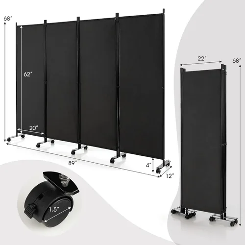 Miniatura 6 de GOFLAME Divisor de habitación plegable de 4 paneles, pantalla de privacidad enrollable de 6 pies con ruedas bloqueables, pantalla de partición