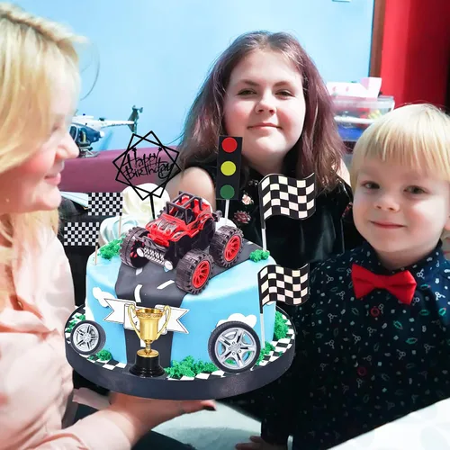 Miniatura 7 de MEMOVAN Decoración para tarta de camiones, decoración de tarta de camión para niños, coche de carreras para tarta de cumpleaños, decoración